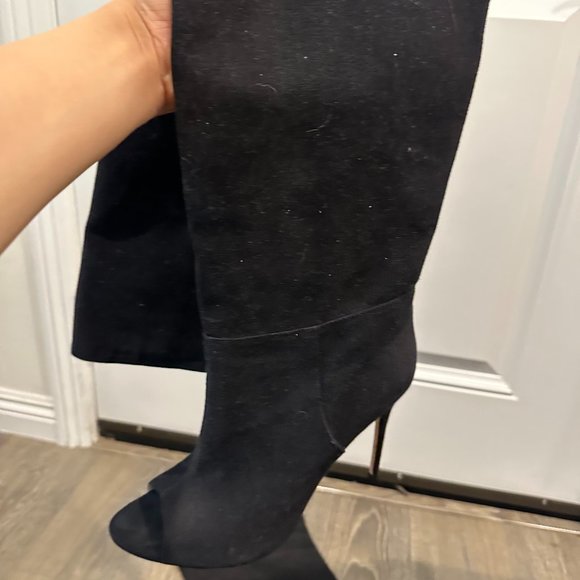 Mistress Rocks "Peepshow" Black Suede Open Toe Thigh Boots - Picture 10 of 10